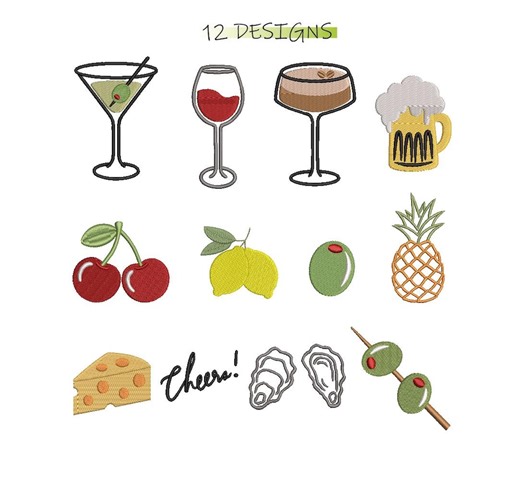 Set of 12 Cocktail Icon Embroidery Design Elements, Embroidery File for Cocktail Time, Olives, Cheese, Cherry, Lemon. - Etsy Australia