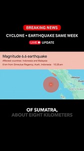 🚨Cyclone Senyar, Floods, Now a 6.6 Quake A magnitude 6.6 earthquake has been recorded off the west coast of Sumatra, about 8 km from Simeulue Regency in Aceh, at 10:26 a.m. local time. Shaking was reported across parts of Indonesia and Malaysia. The quake occurred at a shallow depth, which made it widely felt, but authorities reported no tsunami alert in this case. This event comes at a terrible time. The island is already dealing with the aftermath of Cyclone Senyar, a rare tropical cyclone in