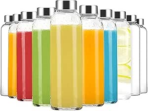 Luxfuel 24 oz Clear Glass Juice Bottles with Lids, Reusable Refillable Water Bottles for Juicing,Refrigerator,100% Leak Proof, BPA Free, Juice Water Bottle Set of 10