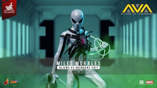 Hot Toys on Instagram: "When Symbiote meets Facehugger, a new suit is born. This 1/6th scale Miles Morales (Aliens Vs. Avengers Suit) Collectible Figure captures the haunting moment when his Symbiote suit absorbs a Facehugger, transforming into a hybrid of Spider-Man and Alien mythology. Featuring a newly tailored pearlescent white suit detailed with Facehugger-shaped Symbiote patterns, interchangeable eye pieces and hands, dynamic web accessories, and a wired Symbiote-bonded Facehugger accessor