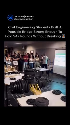 Quantum Computing & Tech ⚛️ on Instagram: "How is this even popsicle sticks? 🤯 A bridge built entirely from popsicle sticks just supported nearly half a ton before failing. This wasn’t luck. This was real engineering. Civil engineering students applied the same principles used in full-scale bridges: load distribution, triangulation, compression vs. tension, and extreme material efficiency — all scaled down to wood sticks and glue. By forming precise truss patterns, the sticks didn’t work alone