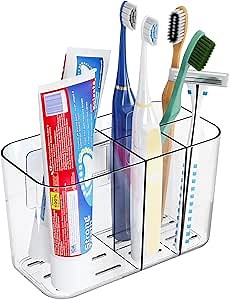 Electric Toothbrush Holder for Bathroom Countertop and Wall Mounted with Adhesive,5 Slots Family Size Clear Tooth Brush and Paste Holder & Stand,Cute Kids Tooth Rush Holders and Toothpaste Organizer