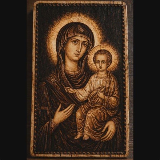 Maica Domnului cu Pruncul(tei,30/60cm ...ardere pe lemn,mestesugita manual)