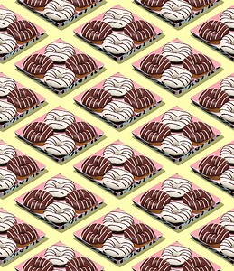 Seamless isometric 3d render pattern. Chocolate assorted donuts in...
