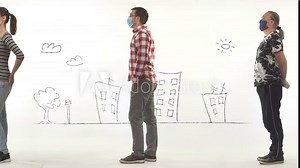 People maintaining social distance while waiting in queue