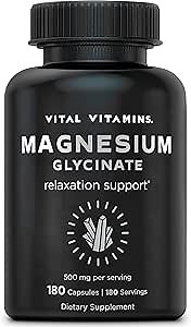 Vital Vitamins Magnesium Glycinate 500mg - High Absorption Formula - Promotes Relaxation, Calmness, & Restful Sleep - Pure Magnesium Supplement for Men & Women - 180 Capsules, Vegan, Non-GMO