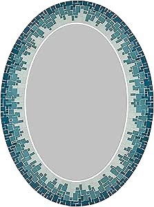 Mosaic Mirror, Wall Art Décor – Handcrafted Decorative Wall Mirror, Sea-Blue, Turquoise, White Mosaic, 32” x 24” Oval - Hallway, Bedroom, Living Room