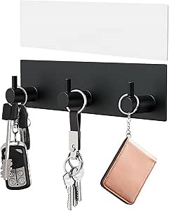 VIS'V Key Holder Wall Mount, Small Adhesive Key Hanger with 3 Hooks, Black | Metal Material, No Drilling, Extra Adhesive Strip, Suitable for Entryway, Hallway, Doorway, Kitchen, Garage, Camper