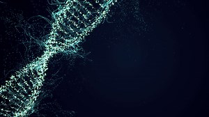 DNA molecule rotates on a blue background. Looped seamless animation.