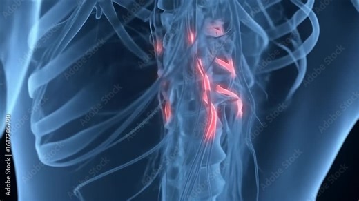 Dynamic 3D Medical Animation of the Human Spine Showing Inflamed Nerves and Back Pain.