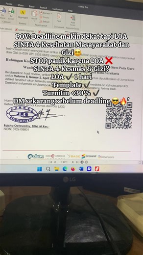 POV: Deadline makin dekat tapi LOA SINTA 4 belum keluar 😵‍💫 STOP panik ❌ kami bantu LOA SINTA 4 Kesmas & Gizi keluar 1 hari ✔️ Artikel sesuai template, Turnitin