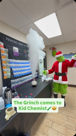 Kid Chemist on Instagram: "The Grinch came into the lab and turned science into an unforgettable experience! 💚🧪 Our scientists started with hands-on experiments with a little help from the Grinch, followed by an exciting chemistry show filled with exploding balloons, green fire, amazing chemical reactions, and so much more. The kiddos also got to take photos with the Grinch and bring home a Polaroid memory 📸 Endless fun, learning, and curiosity filled the lab, and we’re so happy we got to sha