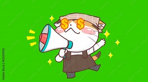 Animated Coffee Shop Employee Asking for Salary with Megaphone on Green Screen