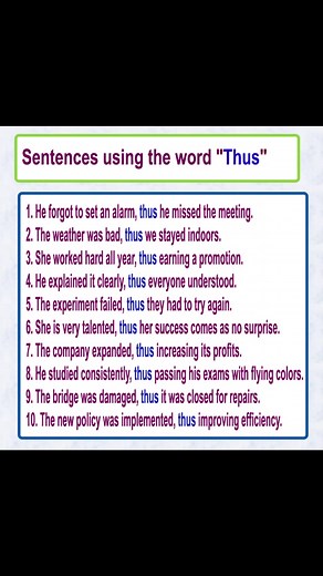 5.8K views · 77 reactions | Learn English sentences using the word "Thus" Learn English Vocabulary #vocabulary #English #englishclass #thus #learnenglish #englishlearningonline #englishsentences #learnenglishdaily | English Learning | Facebook