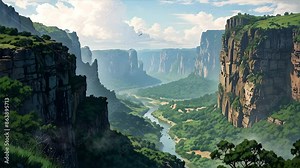 In this looping video, witness a towering cliff with layered rock and lush vegetation against a clear midday sky. Below, river winds through greenery and distant cliffs, all from an elevated viewpoint