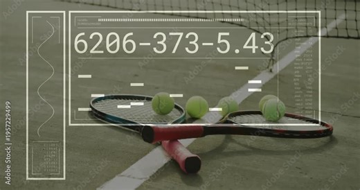 Tennis rackets being animated in 3D crossing green court with scattered balls and data overlay