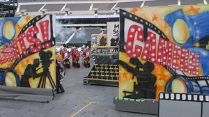 Front view of Uptown String Band's 2026 theme "From Script To Screen" at the String Band Spectacular | Philadelphia String Band Assn.