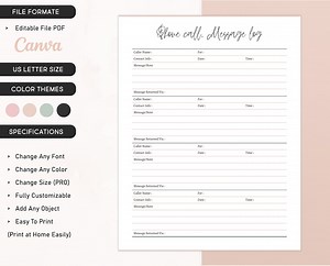 Phone Call Message Log, Voicemail Tracker, Message Planner, Telephone Log, Phone Call Message Organizer Editable Fillable Call Message Sheet - Etsy