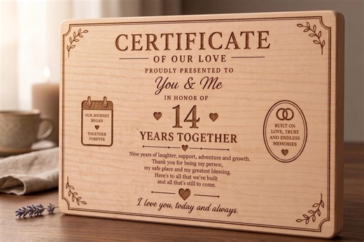 Personalized Wooden Anniversary Certificate, 14th Anniversary Gift for Him, Custom Wood Award Plaque for Wife or Couple - Etsy