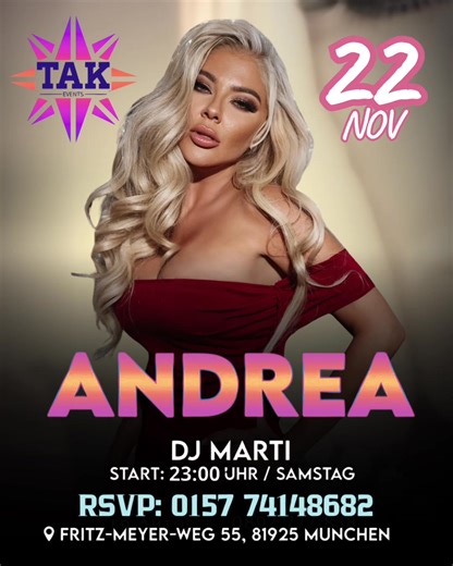 ANDREA LIVE IN MÜNCHEN!💥 На 22.11.2025 (СЪБОТА), Андреа ще разтърси сцената на CLUB TAK München ! Не пропускайте най-горещото парти на есента в Германия!🙌🎉🎤 | Andrea