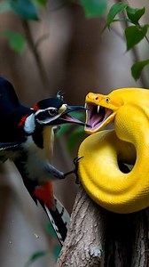 “The moments of the fight between a woodpecker and a python.” #animals #snake #wildlife #fyp | Mas Ari Vlog