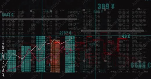 Red glitch starting multi-series finance chart shifting numbers, growing bars, showing market trend