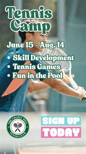 CHTC Summer Tennis Camp Spots are filling FAST—and this is one summer your kids won’t want to miss 👀👇 From June 15 – August 14, our Tennis Camp is packed with nonstop fun and creativity 🏊‍♂️ Fun in the Pool 🎾 Skill Development 🎾 Fun Drills & Games 🎾 Competitive Play Every day is a mix of play, learning, and summer vibes—designed to keep kids active, engaged, and excited to come back tomorrow. Register now at chapelhilltennisclub.com/camps #chapelhilltennisclub #bestofchapelhill #chapelhill