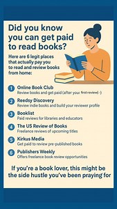 Did you know you can get paid to read books? Here are 6 legit places that actually pay you to read and review books from home: 👉Online Book Club - Review books and get paid (after your first review) 👉Reedsy Discovery - Review indie books and build your reviewer profile 👉Booklist - Paid reviews for libraries and educators 👉The US Review of Books - Freelance reviews of upcoming titles 👉Kirkus Media - Get paid to review pre-published books 👉Publishers Weekly - Offers freelance book review opp