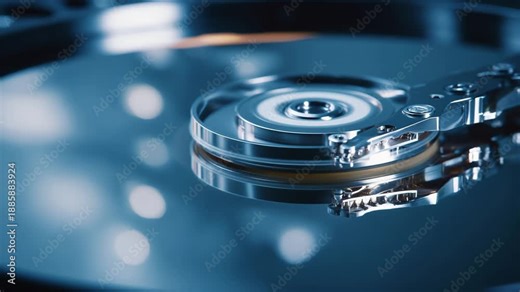 4K Closeup of a hard disk drive platter and readwrite head, showing data storage technology and digital information video