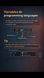📌 What are Variables in Programming? Variables are like containers that store data — and they play a key role in every programming language. In this video, you’ll learn what variables are, how they work, and why using clear, descriptive names makes your code easier to read and maintain. 💻 Example shown: int age = 15; — where we break down the data type, variable name, and value step-by-step. ✨ Perfect for beginners learning coding, Python, C, Java, or any language! 🚀 Keep watching to build a 