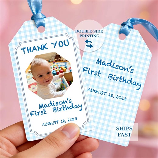 Personalized Photo Favor Tags, First Birthday Thank You Gift Tags (double-sided) - Etsy