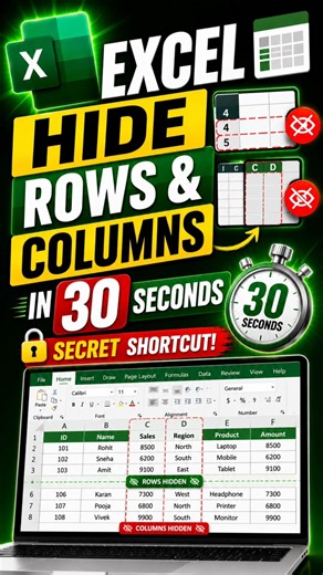 🚀 Excel Hide Rows & Columns in 30 Seconds | Secret Shortcut! #excel