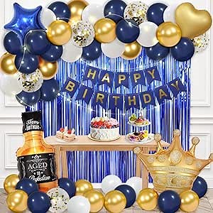 Navy Blue Birthday Decorations for Men with Happy Bithday Banner, Curtains, Bottle, Crown, Heart Star Navy Blue Gold White Balloons and LED Light for Birthday Party Decorations