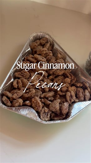 This recipe is always a hit and also makes a great gift! 🎁 SUGAR CINNAMON PECANS RECIPE Ingredients: 1 lb pecan halves 1 cup sugar 1 TBSP ground cinnamon 1/2 tsp salt 2 tsp vanilla extract 1 egg white 2 tsp water Directions: 1. Preheat oven to 250 2. Spray pans (I like to use 2) with nonstick cooking spray 3. In a gallon size ziploc bag, mix sugar, cinnamon & salt... sit to the side 4. In a large bowl, add egg white, vanilla & water...whisk until frothy 5. Add the pecans to the wet ingredients 