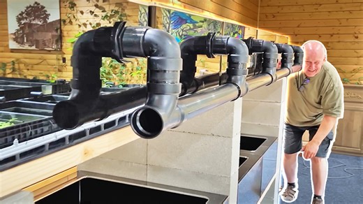 Cory and master breeder Dean are back working on the cinder block rack of aquariums, focusing on installing three lines of plumbing for the automatic water change system and air supply for filtration. Over the course of 2 days, they meticulously measured out, cut, and glued the PVC piping and then checked the system for leaks. They also installed the first fish tank from Custom Aquariums — a 65-gallon tank with ultra clear glass for viewing and a black enamel background. #AquariumCoop | Aquarium