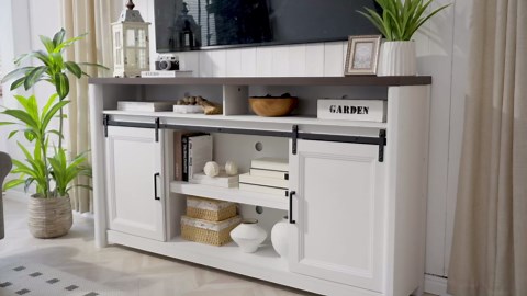 Rustic Farmhouse TV Stand for 80 Inch TVs, Large Entertainment Center with Storage, TV Console for Bedroom Living Room, Media Console Cabinet with Sliding Barn Doors, 70 Inch Wide, White & Walnut