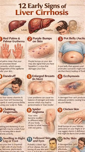 Carolyn Bailey on Instagram: "✅12 Exclusive Sings of Liver Cirrhosis - Liver cirrhosis often develops silently, with early warning signs appearing on the skin and body long before severe damage is diagnosed. Recognizing these symptoms early can make a life-saving difference. ✅Some of the early signs of liver cirrhosis include red palms (palmar erythema), caused by abnormal blood processing in the liver, and purple bumps or unexplained bruising (ecchymosis) due to poor protein production and frag