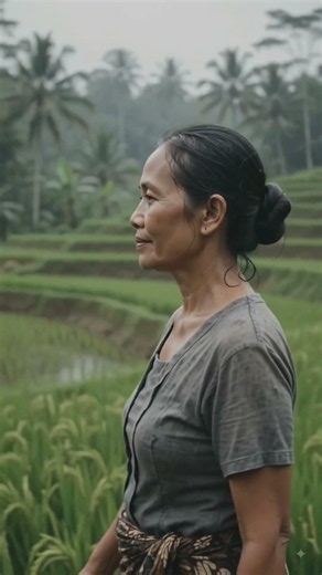 woman walking barefoot along a narrow rice field path during gentle rainfall.