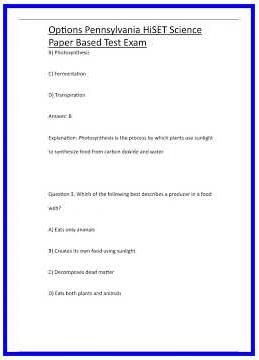Options Pennsylvania HiSET Science Paper Based Test Exam 636x882