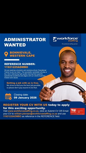 1.5K views | Workforce Staffing is recruiting Administrators. Email your CV to william.pienaar@workforcestaffing.co.za Opportunities With Thabang WhatsApp Channel: https://whatsapp.com/channel/0029Vadi8px42DcfdTWUPa30 Good Luck! #OpportunitiesWithThabang | Mabulana-Maseko Foundation | Facebook