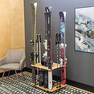 Teal Triangle Ski Storage Rack for Garage - Freestanding Ski Holders for 4 Pairs of Skis, Ski Boot, Poles, Helmet and More, Heavy Duty Steel Floor Stand Ski Organizer for Garage Basement