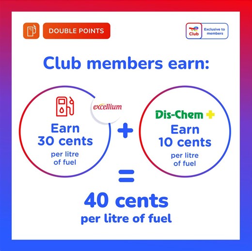 11 reactions | We’re bringing the midweek magic: for today only, TotalEnergies Club members score DOUBLE POINTS!  ✅ Double up your rewards, get up to 40c when you refuel at your favourite TotalEnergies service station today: 30c for being a Club member, PLUS an extra 10c by swiping your Dis-Chem loyalty card.  Never miss a deal like this again! We’ve got you covered, join our Club for free: https://bit.ly/4k7Zg9q | TotalEnergies | Facebook