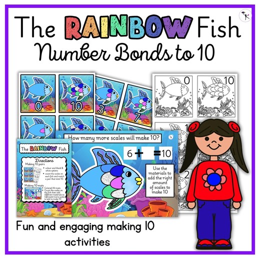 Rainbow Fish Number Bonds Flashcards and Mats: KS1 Math Learning for Kindergarten and Early Education