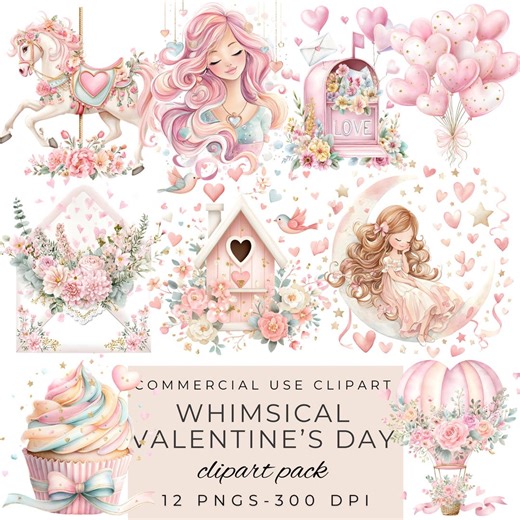 Whimsical Valentine's Day Clipart - Love Graphics - Digital Download - Romantic Graphics - Cute Valentine PNG - Etsy