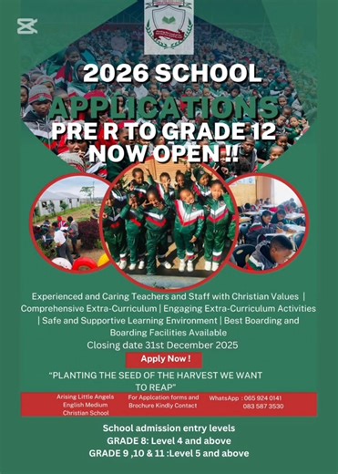 2.9K views · 12 reactions | 2026 SCHOOL ADMISSIONS NOW OPEN Arising Little Angels Christian English Medium Boarding School invites applications for 2026. Grade R – Grade 11 (up to Grade 12) Registered school Christian values Boarding available NU 16, Mdantsane, East London School reopens: 5 Jan | Teaching starts: 7 Jan Call/WhatsApp: 065 924 0141 | 083 587 3530 Apply now – limited spaces available! | ECnews Live | Facebook