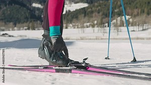 Cross country woman skier putting on the ski and fastened it on the right leg, low section shot. Cross country ski gear, skis, boots, and ski poles, close up.