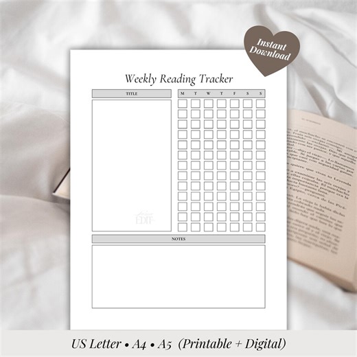 Weekly Reading Tracker Printable, Reading Log PDF, Book Tracker Planner, Digital Reading Journal Page, US Letter A4 A5, Minimalist Bookish - Etsy