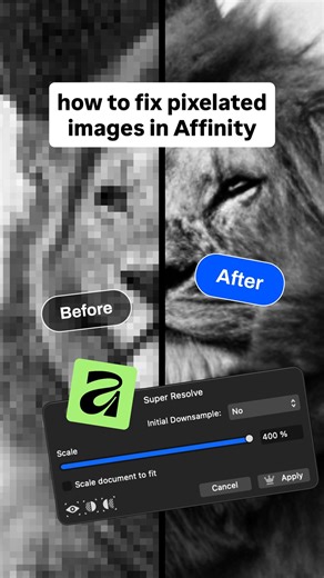 Ren Barkevics on Instagram: "how to fix pixelated images in @affinity Affinity’s Super Resolution tool can rescue low-quality images in seconds using Machine Learning 🤯 from my experience, it has been perfect for old photos, screenshots, or anything that looks a bit crunchy.. like the images my clients provide me sometimes 🥲 here’s how to do it 1. open your pixelated image in Affinity 2. go to Canva AI Studio 3. select your image and then the Super Resolution Tool 4. let it load, then adjust t