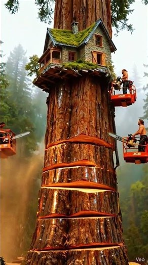 Wait… They’re Cutting a TREE With a HOUSE Inside?!😳🌲🏚️#shorts#treecutting#heavymachinery#dança#viral