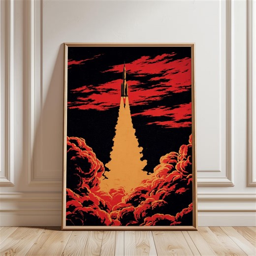 Vintage Rocket Illustration, Retro Futuristic Scene, Printable Space Decor - Etsy